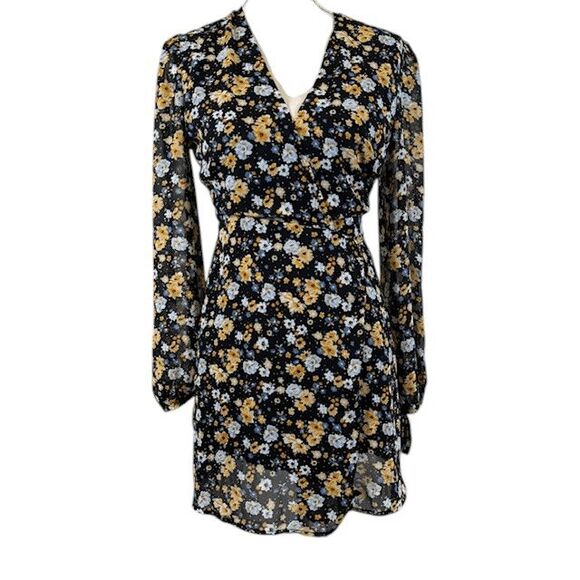 FIKA the Brand Black Floral Print Wrap Dress Sheer Back Tie Sleeves Size Medium - Picture 1 of 12